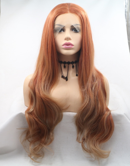 Fibra química frente encaje naranja cabello largo y cabello rizado fábrica al por mayor fibra química peluca de seda de alta temperatura LW0263