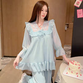 网纱可拆卸胸垫春秋季V领公主风仿棉里布蕾丝甜美网纱家居服