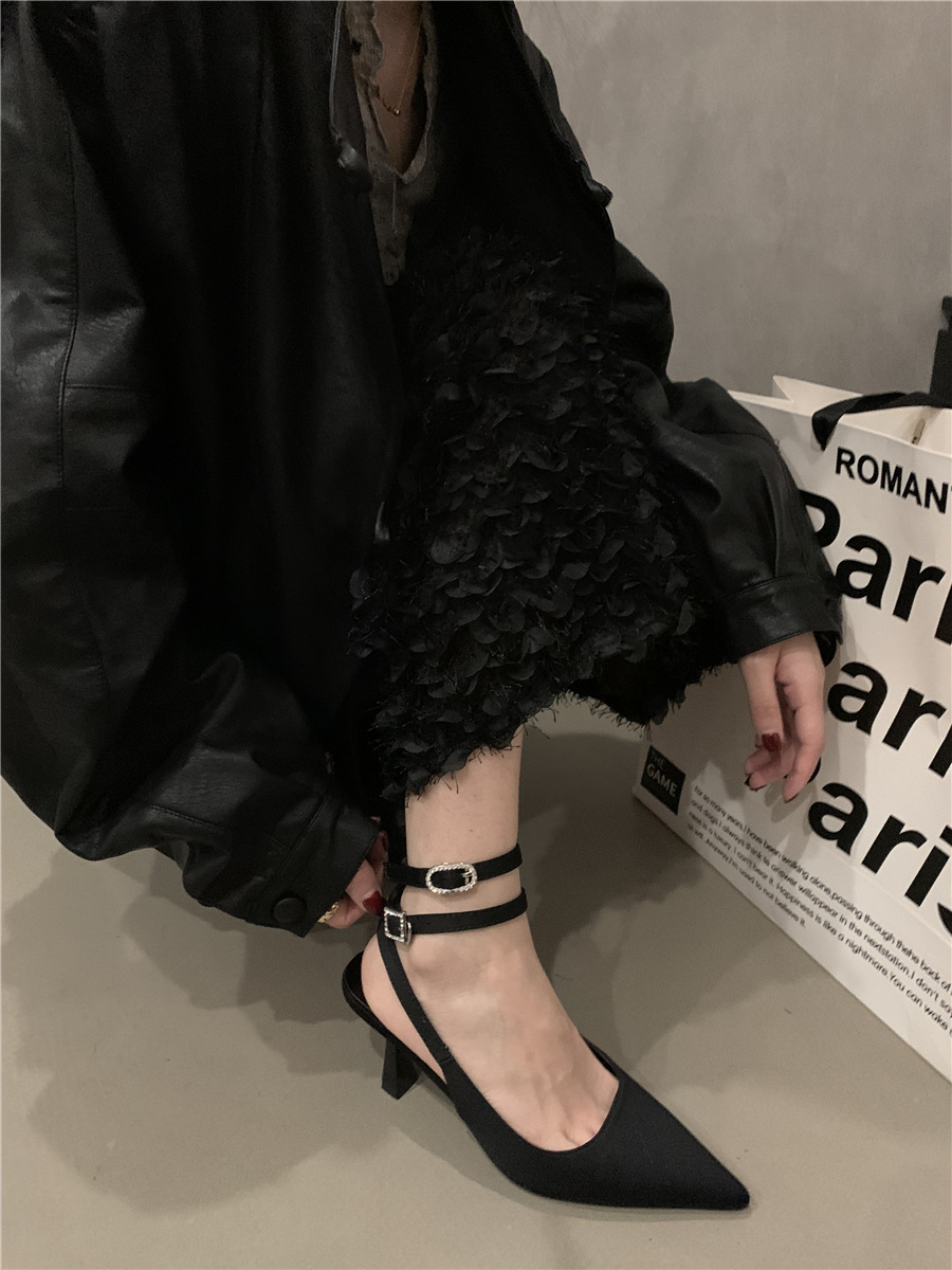 French pointed high heels, evening style, sandals and slippers with skirt, black sandals, 2023 winter and spring British women's shoes_autovado.com