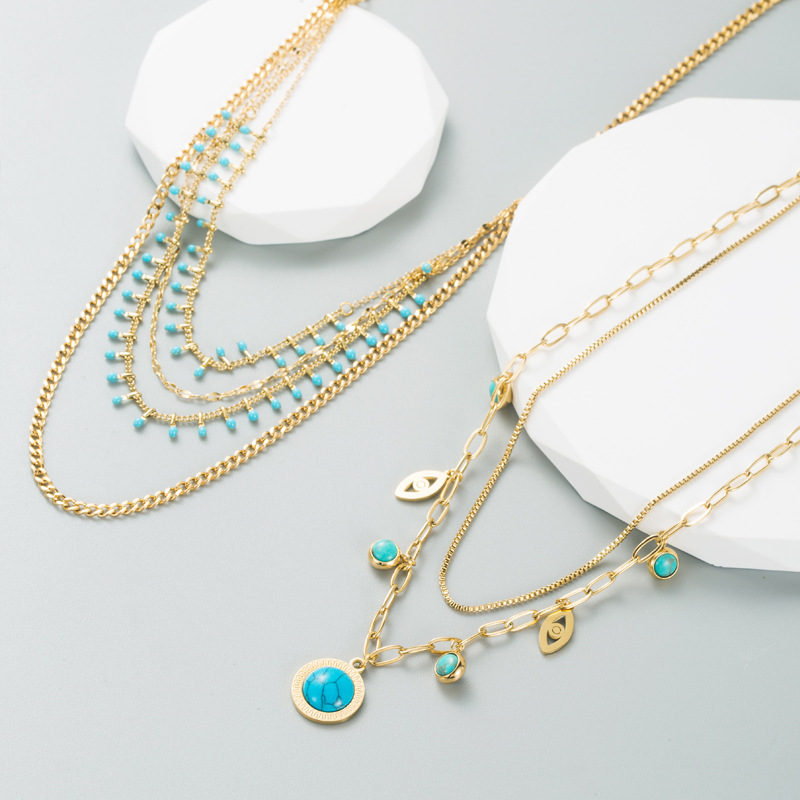Fashion Devilu0027S Eye Titanium Steel Necklace Layered Plating Chain Turquoise Stainless Steel Neck