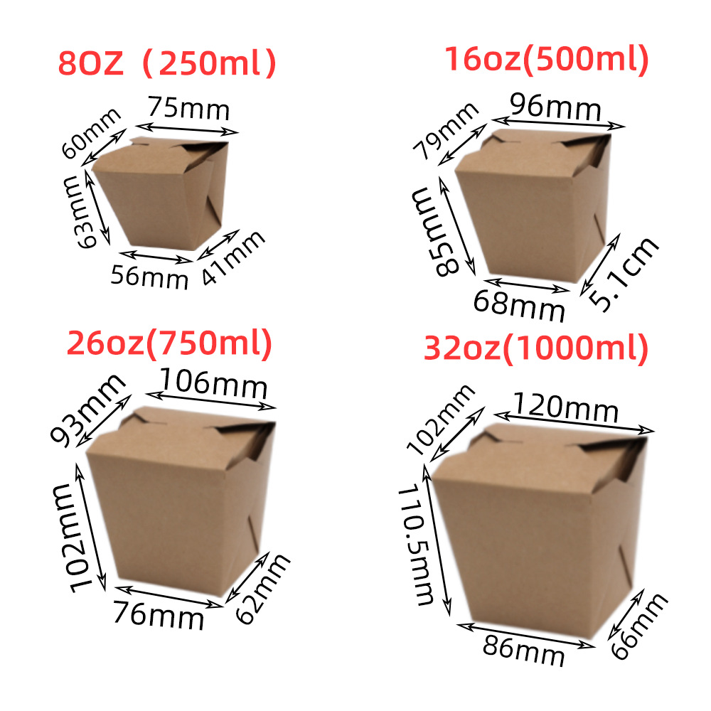 Cajas desechables para llevar, cajas de arroz con base cuadrada, cajas para pasta, vasos de papel kraft, tazones de papel, recipientes impermeables para llevar.