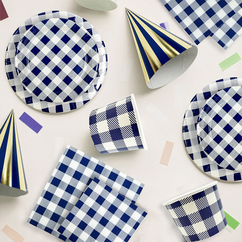 New color checkered paper plate paper cup holiday birthday party picnic disposable tableware suit decorative string flag