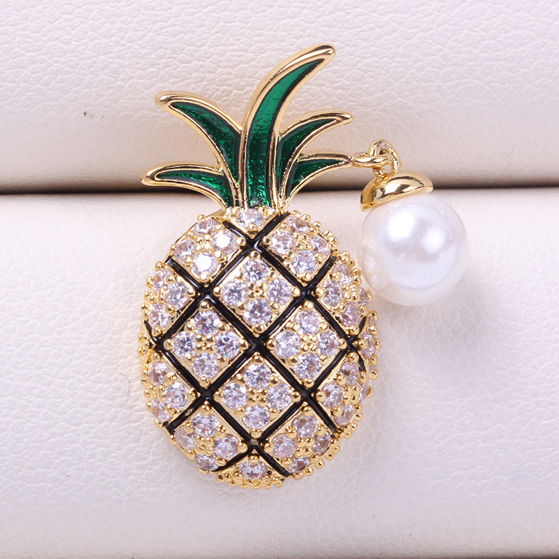 DIY Pearl Accessories Empty Holder Copper Gold-Plated Micro-Paved Zircon Cute Pineapple Pearl Jade Brooch Jewelry Versatile for Women