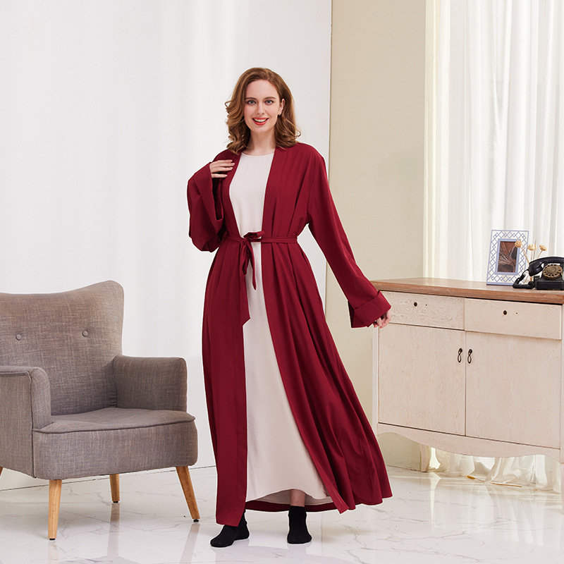 Muslim Cardigan Robe For Women Solid Colour Tie-up Dubai Style_voghion.com