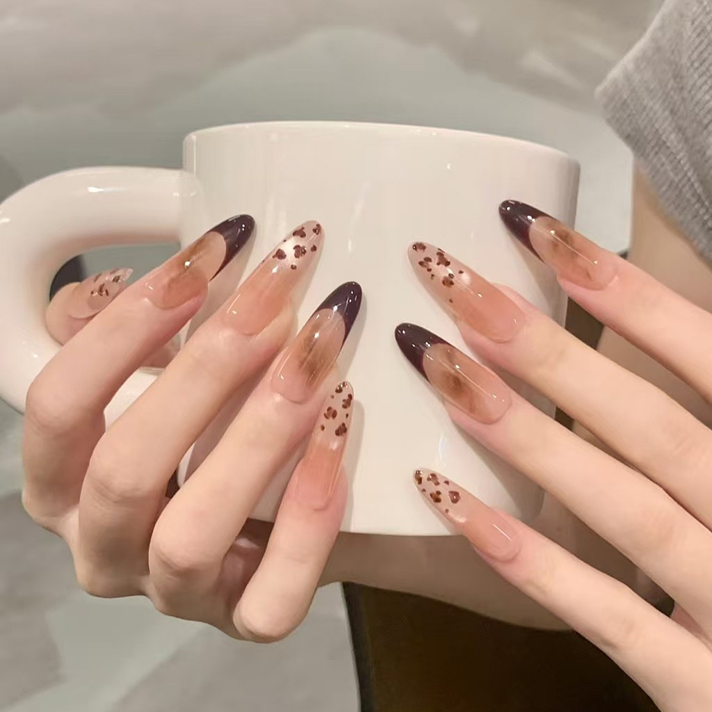 Autumn and Winter New Style Brown Sugar French Leopard Print Smudged Gradient Cat Eye Wearable Nails Fake Nails Removable Finished Manicure