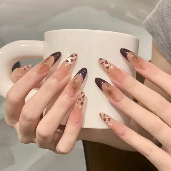 Autumn and Winter New Style Brown Sugar French Leopard Print Smudged Gradient Cat Eye Wearable Nails Fake Nails Removable Finished Manicure