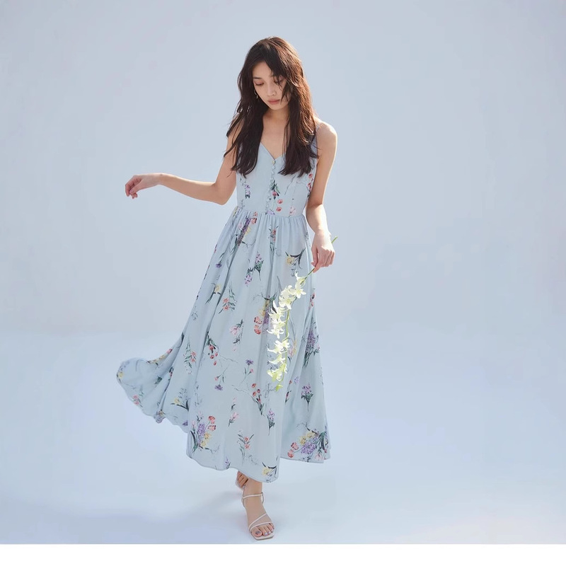 Wzfs2521 Spring and Summer New Elegant and Fashionable V Neck Plant Print Suspender Dress Tea Break Dress Cross-Border
