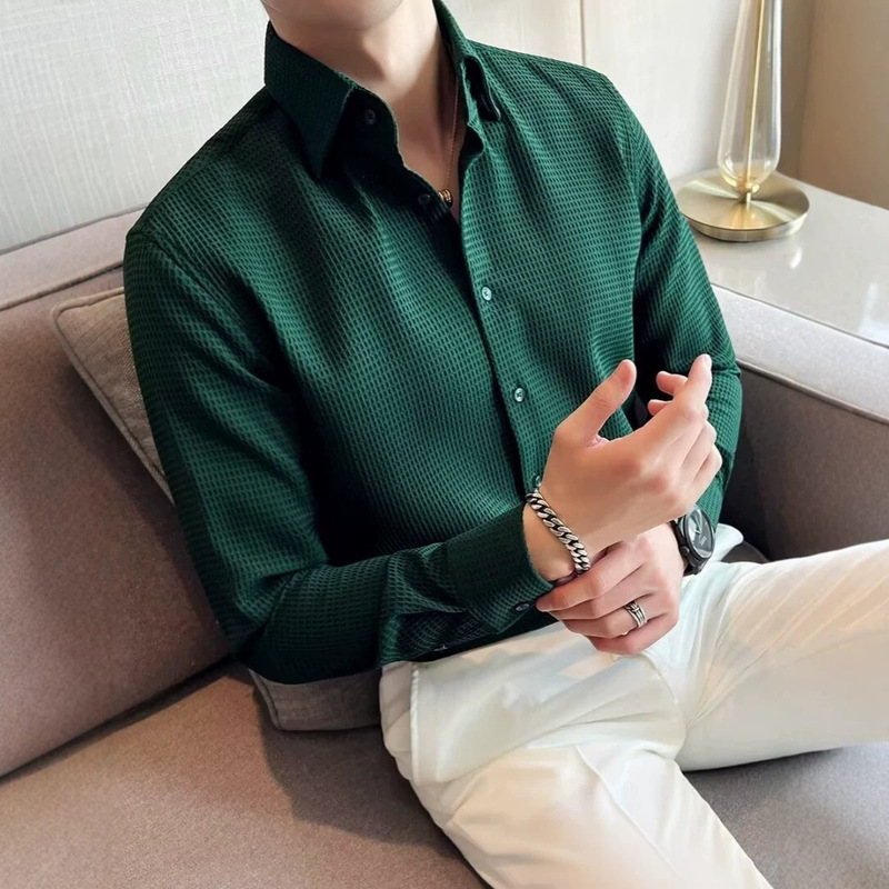 Cross-border men's waffle long-sleeve shirt, solid color slim-fit business casual shirt, men's trendy collared top