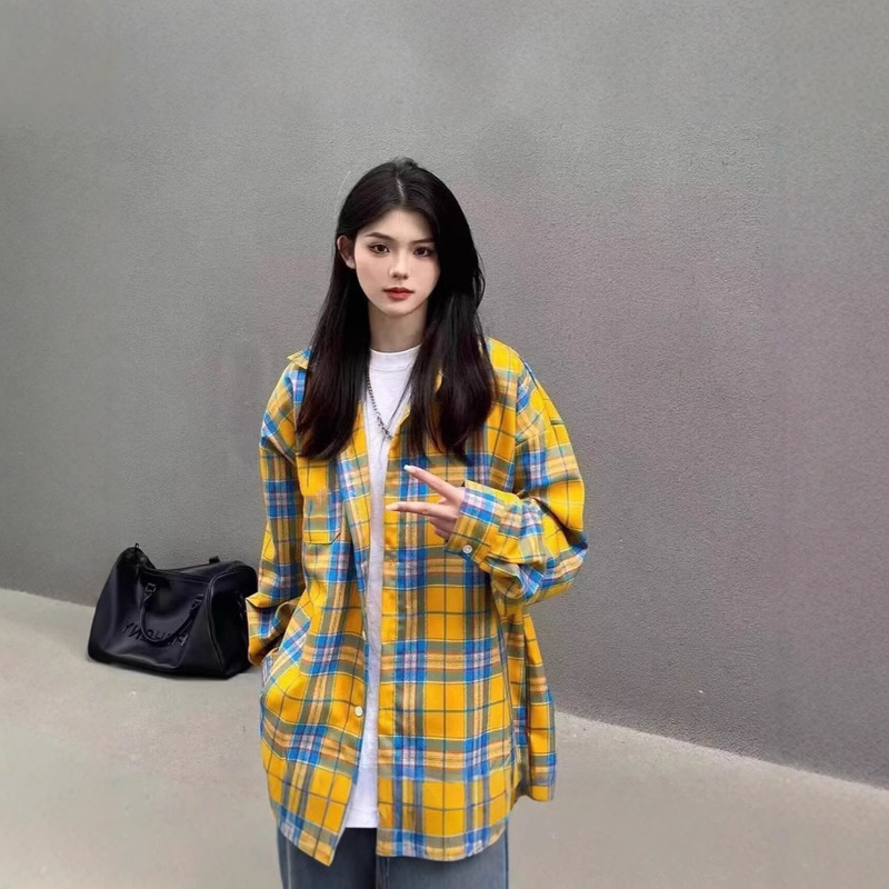 American Retro Ginger Plaid Long-sleeved Shirt Women's Loose French Design Niche Casual All-match Top Clothes