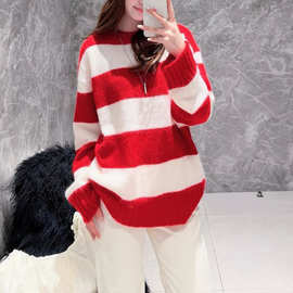 2025冬新款女装马海毛粗纺宽松落肩红白条纹毛衣针织衫MBE4SWT081