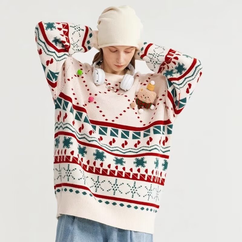 Men's Clothing Spring and Autumn New Products Bear Doll Pullover Red Sweater Retro Round Neck Knitted Sweater Loose Sweater Men_voghion.com
