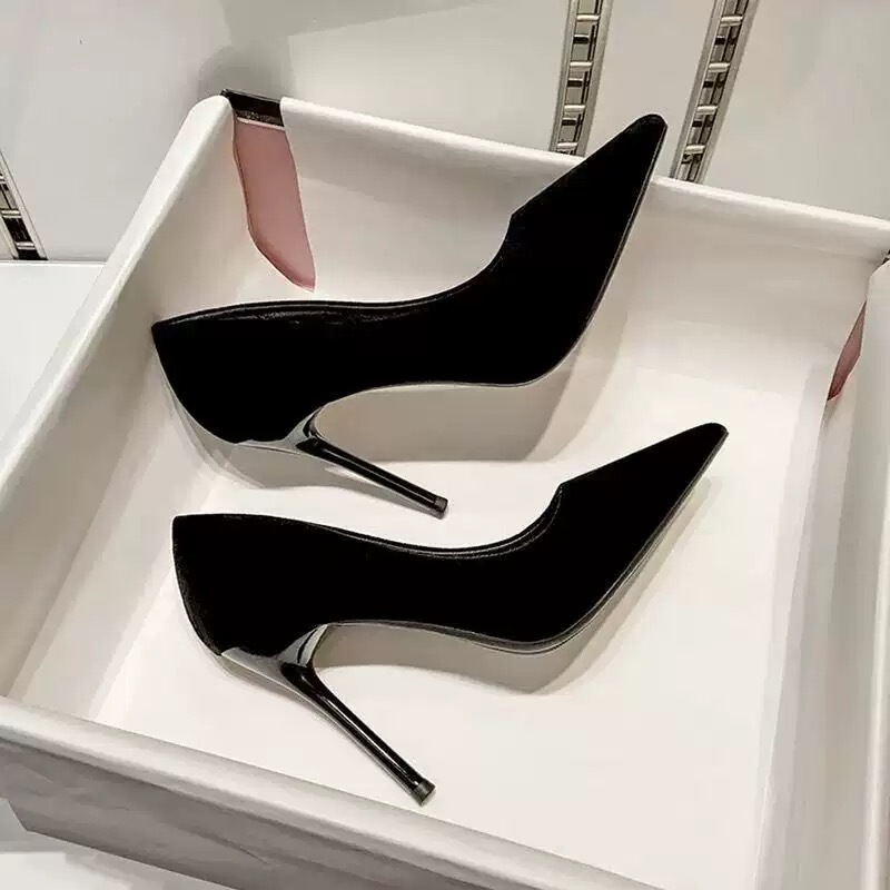 Black high-heeled shoes with thin heels, suede pointed toe, new spring/autumn formal shoes, professional non-slip work shoes that don't tire the feet