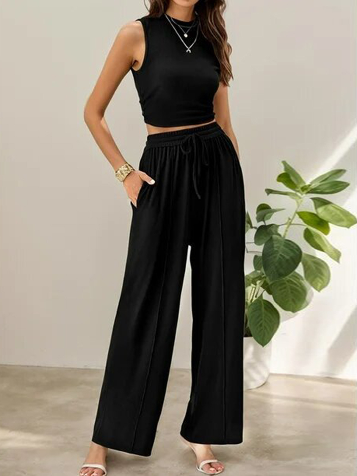 Women's Clothing Summer Leisure Suit Sleeveless Round Neck Short Slim Fit Top Wide Leg Pants Two Piece Suit_ecoleips.com