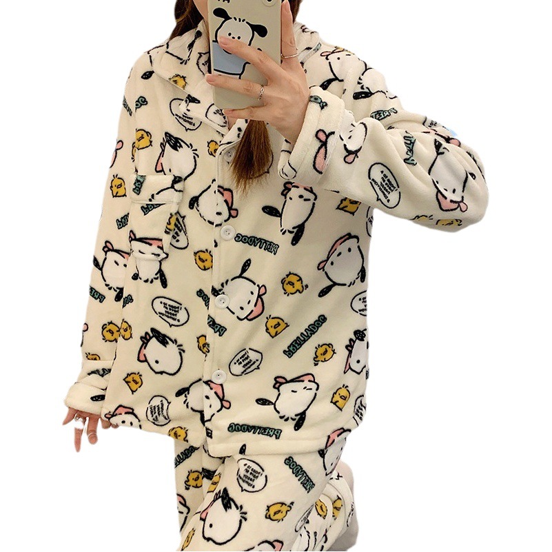 Popular Pacha perro pijamas de las mujeres franela solapa cardigan manga larga Otoño e Invierno máscara ojo libre dibujos animados homewear caliente conjunto
