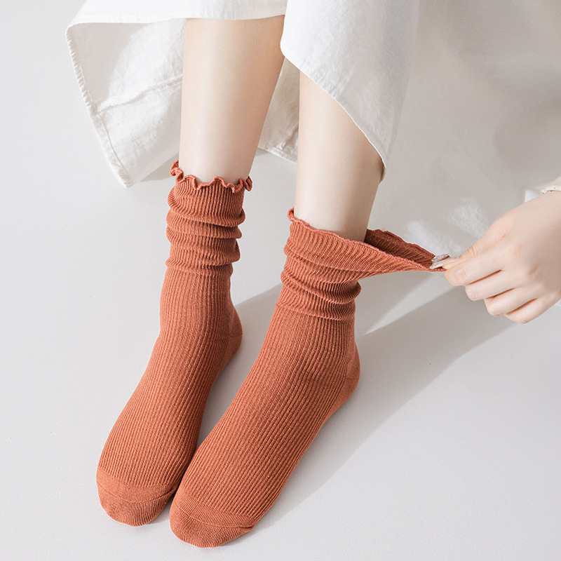 Neue Herbst- und Wintersocken mit Holzohrrand für Damen, Socken mit Holzohrrand in der Mitte, alle passen zu einfarbigen Einschlusssocken, hohe Schlauchsocken für Damen_voghion.com