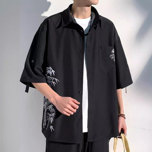 New Chinese Style 7/8 Sleeve Ice Silk Shirt for Men - Summer Trendy Brand National Style Short Sleeve Collar Shirt Loose Cool Feeling Easy to Clean Outerwear