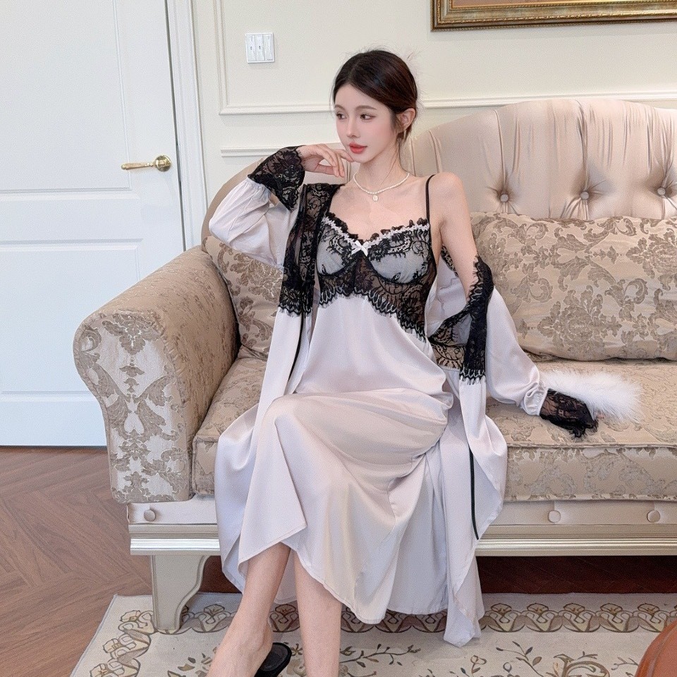 2025 Spring and Summer New Pajamas for Women, Ice Silk Suspender Nightgown, Two-Piece Set with Breast Pads, Sexy Underwear, Dropshipping