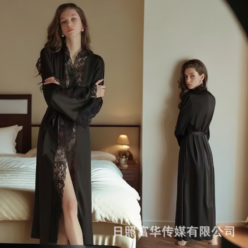 Summer Ice Silk Long Satin Lace Patchwork Nightgown Pure Desire Style Tie-Up Robe Deep V-Neck Plus Size Loungewear Set Summer Ice Silk Long Satin Lace Patchwork Nightgown Pure Desire Style Tie-Up Robe Deep V-Neck Plus Size Loungewear Set