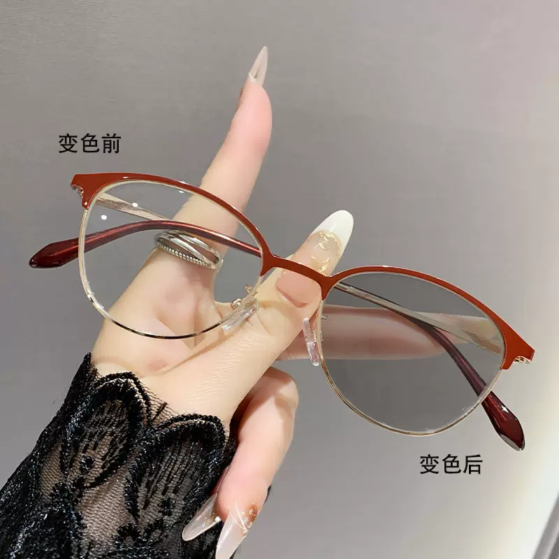 感光变色跨境猫眼时尚防蓝光欧美风平光金属框架高级学生近视眼镜