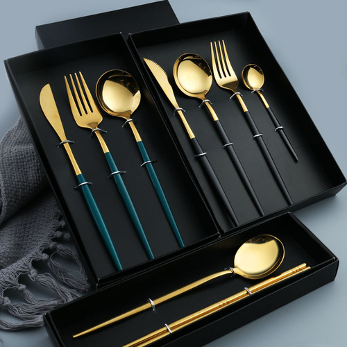 L Cross-border Stainless Steel Knife Fork Spoon Set Gold Steak Knife Fork Portugal Tableware Christmas New Year Gift Box