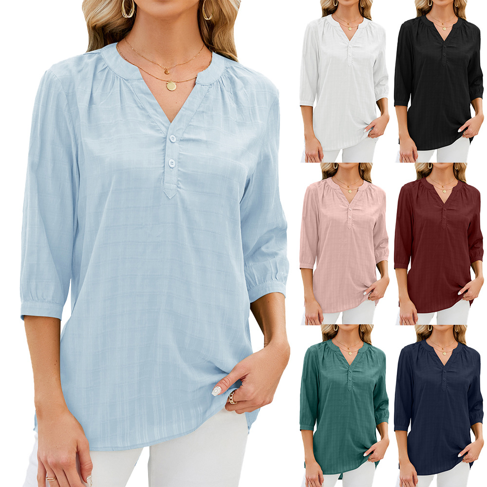 2024亚马逊temu欧美跨境外贸夏季新款V领纽扣五分袖宽松T恤上衣