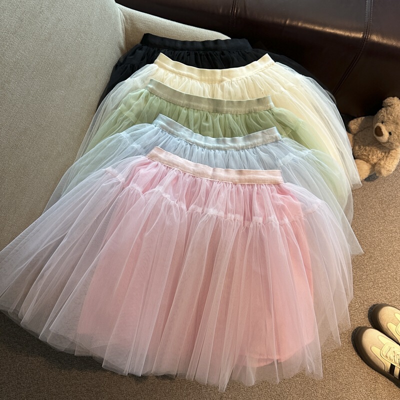 Hepburn-Style Korean Pure Color Heavy-Duty Mesh Oversized Tutu Skirt Cake Skirt Half-Length Skirt Ballet Style Petite Midi Skirt