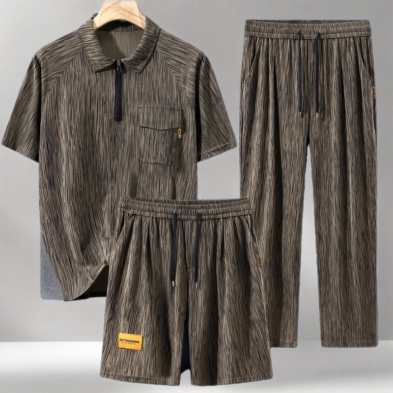 Polo Collar Short-Sleeved Men's Summer Ice Silk Thin Shorts Pants Suit Casual Loose Large Size Sportswear Summer Wear