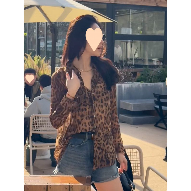 ヨーロッパヒョウ柄長袖シャツ女性の夏薄いルーズシフォンシャツデザインレトロ気質トップ|undefined