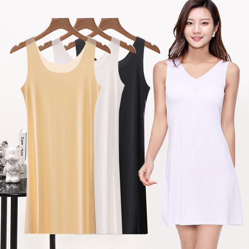 여름 아이스 실크 추적 꽃병 원피스 여성의 중간 길이 울트라 얇은 플러스 사이즈 통통녀 느슨한 슬링 잠옷 베이스 내부 페티코트