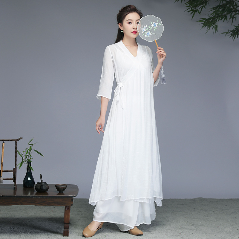 2023 spring and summer retro Chinese style improved Cross Collar Zen Han clothing Zen clothing tea clothing waist-tight loose dress women 2023 spring and summer retro Chinese style improved Cross Collar Zen Han clothing Zen clothing tea clothing waist-tight loose dress women