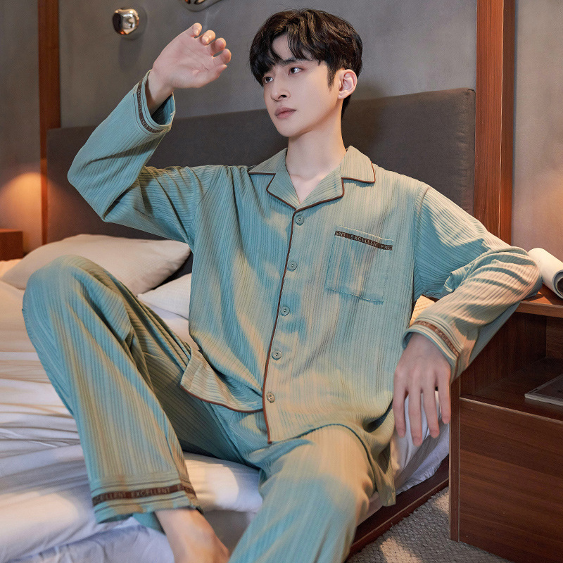 Pijamas de hombre cuidadosamente seleccionados, primavera y otoño, algodón puro, manga larga, nuevo estilo suelto, talla grande, los jóvenes pueden usar ropa de hogar