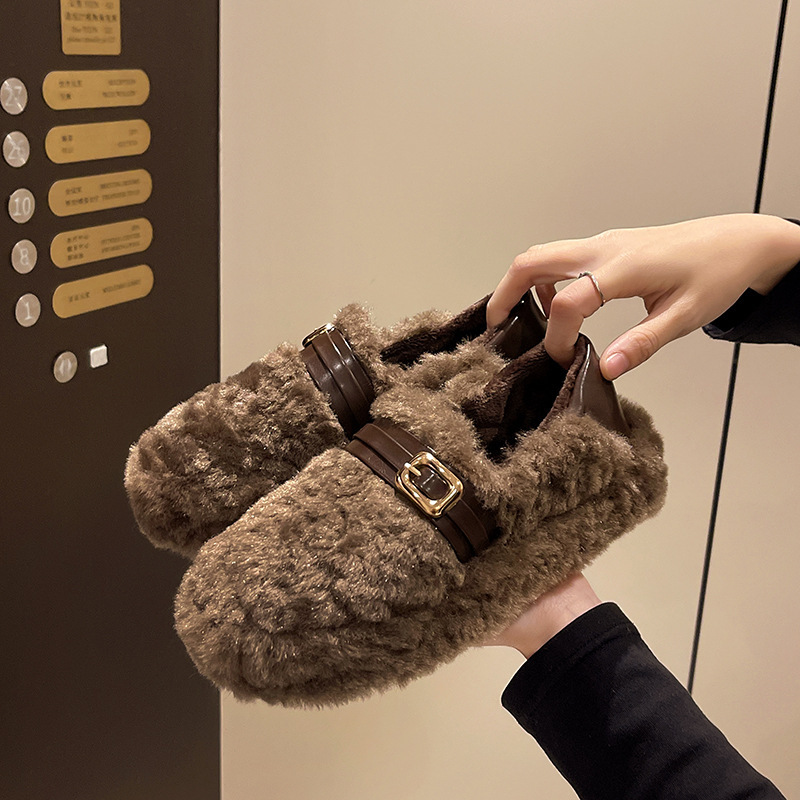 保暖毛毛鞋女厚底一脚蹬两穿2024冬季新款加绒棉鞋休闲懒人豆豆鞋