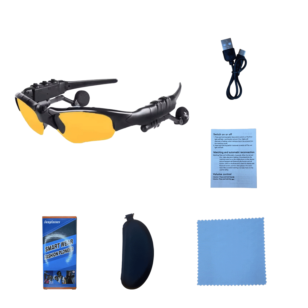 Juego completo de lentes amarillos con montura negra (incluye caja de color, funda de cuero, paño para gafas, manual y aguja).