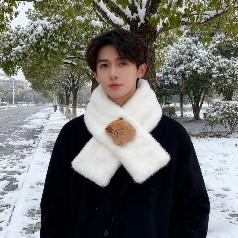 Ins Style Embroidered Bear Soft Plush Scarf Autumn and Winter Girly Heart Versatile Thickeneded Cute Cartoon Scarf
