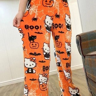 New Foreign Trade Halloween Cartoon KT Cat Flannel Pajama Pants Women's Autumn and Winter fleece-lined Warm Casual Home Pants