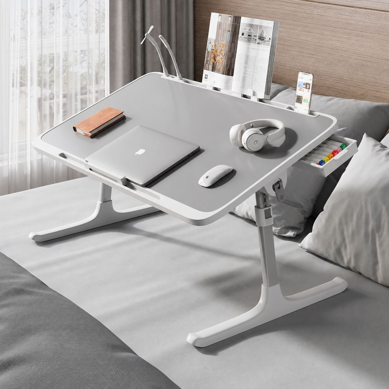 Adjustable and foldable bed computer desk, dormitory lazy writing desk, home office desk for bay window and bedroom