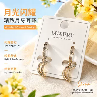 欧美跨境光面镶嵌锆石月亮百搭耳钉 小众轻奢高级感不锈钢耳环女
