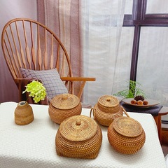 越南藤編糖果零食圍棋收納籃帶蓋鑰匙飾品儲物筐編織桌面整理盒子