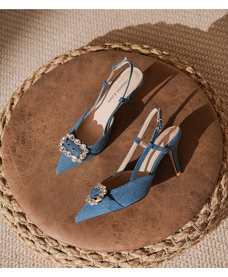 7755-5 Denim Blue Style Belt Buckle Closed Sandals Front Open Back Thin Heel High Heels Commuting_voghion.com
