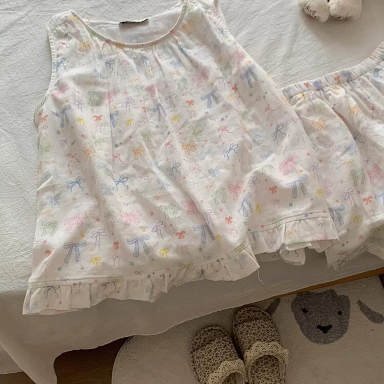 Cloud Cotton Summer Colorful Bow Print Vest Pajamas for Women Sweet Shorts Plus Size Set Thin Style Home Wear