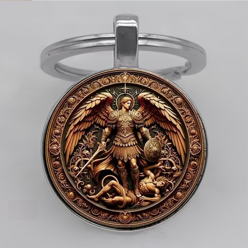 Cross-border bestseller Saint Michael the Defender exquisite battle scene design alloy glass pendant keychain accessory