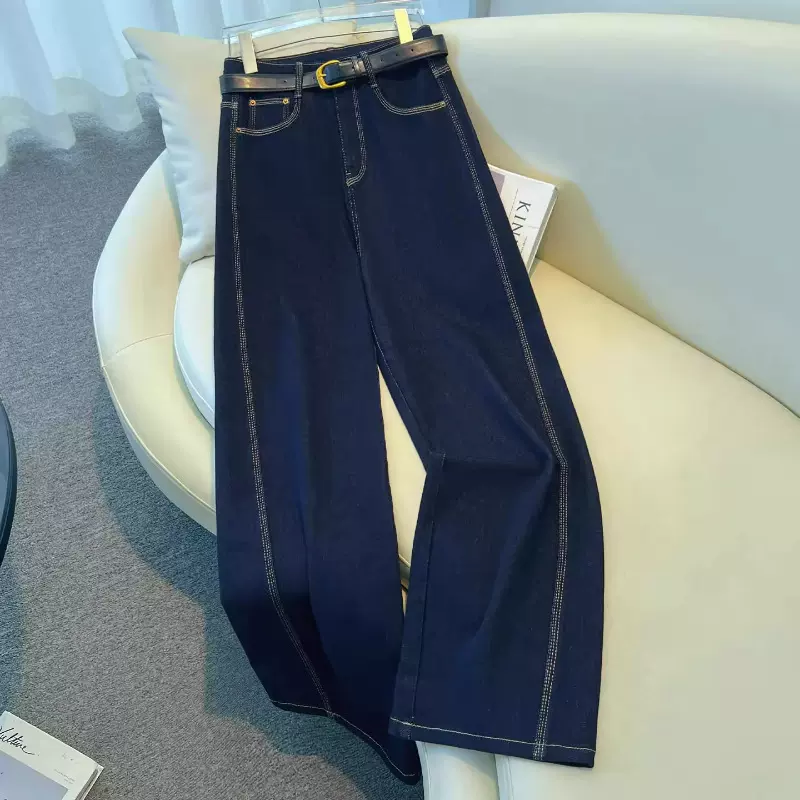 轻奢丹宁蓝牛仔阔腿裤女春秋季2025新款垂感巨好看气质弯刀直筒裤