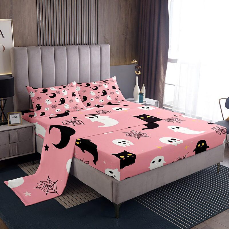 Cross-Border Four-Piece Fitted Sheet Set Halloween Theme Ghost Pattern Fitted Sheet Bedroom Guest Room Dormitory Bedding Decoration