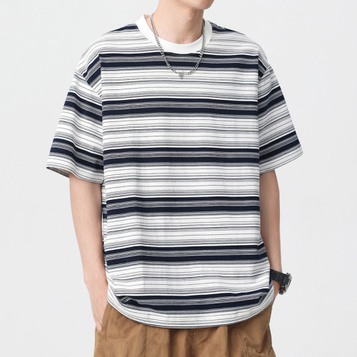 Striped short-sleeve t-shirt for men, 2025 new model, Japanese style trendy brand casual men's t-shirt, loose large size clothing