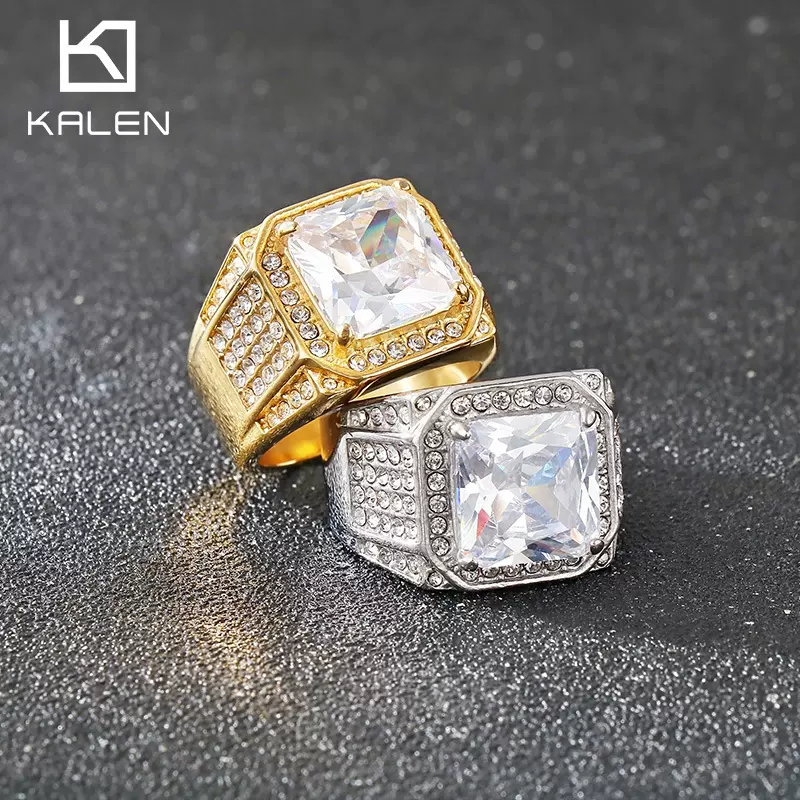 跨境货源镶钻钛钢戒指 欧美霸气镀金镶嵌锆石宽大款钛钢男士戒指