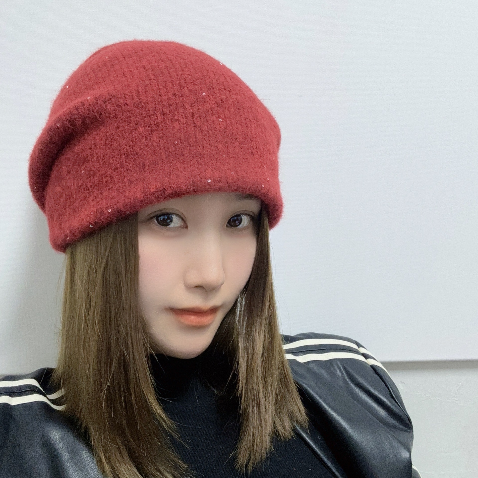 (2개) 모자 한 개, 두 개 입고 두꺼운 모직 혼방 스팽글 보두 더미 모자, 가을 겨울 따뜻한 귀 보호 니트 모자, 모직 모자