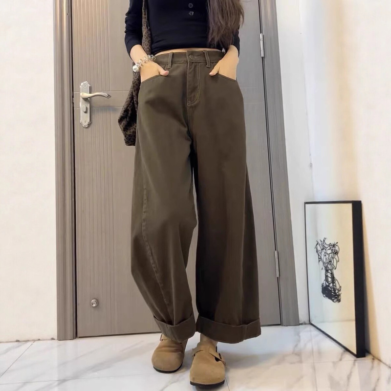 Korean Style Wide-Leg Jeans 2025 Autumn and Winter New Large Size Slightly Fat mm High-Waist Slimming Look Covering Flesh and Wide Crotch Long Pants