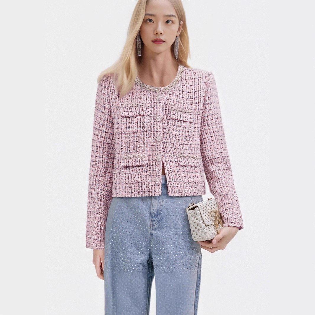 [Sp Tweed Style Jacket] 2025 Autumn and Winter French Style Heavy Handmade Round Neck Diamond Chain Tweed Short Top