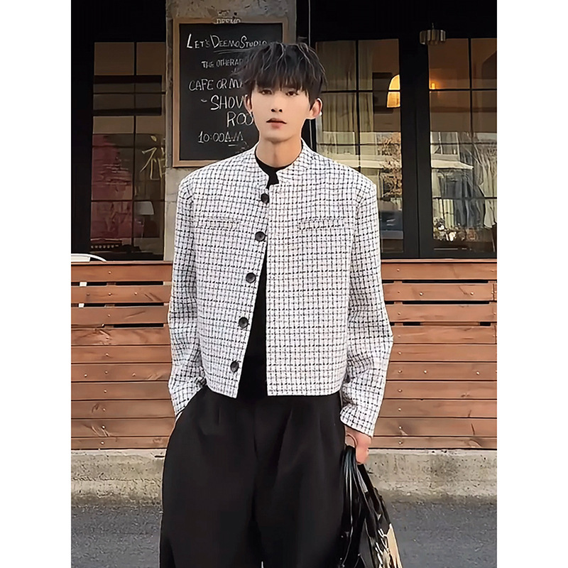 Tweed Chanel-Style Blazer for Men, Spring and Autumn, American Silhouette, Padded Shoulder Jacket, Short Houndstooth Suit Top