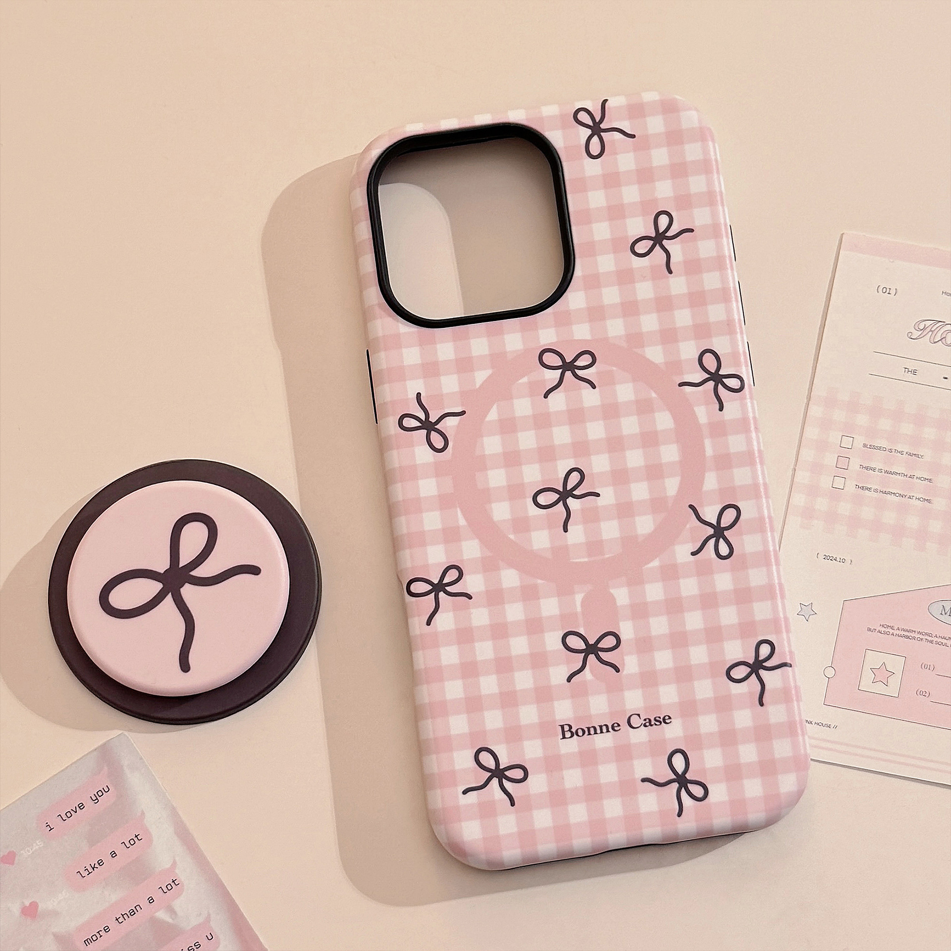 Magnetic Phone Case With Kickstand Plaid Bow Pattern For Iphone_voghion.com